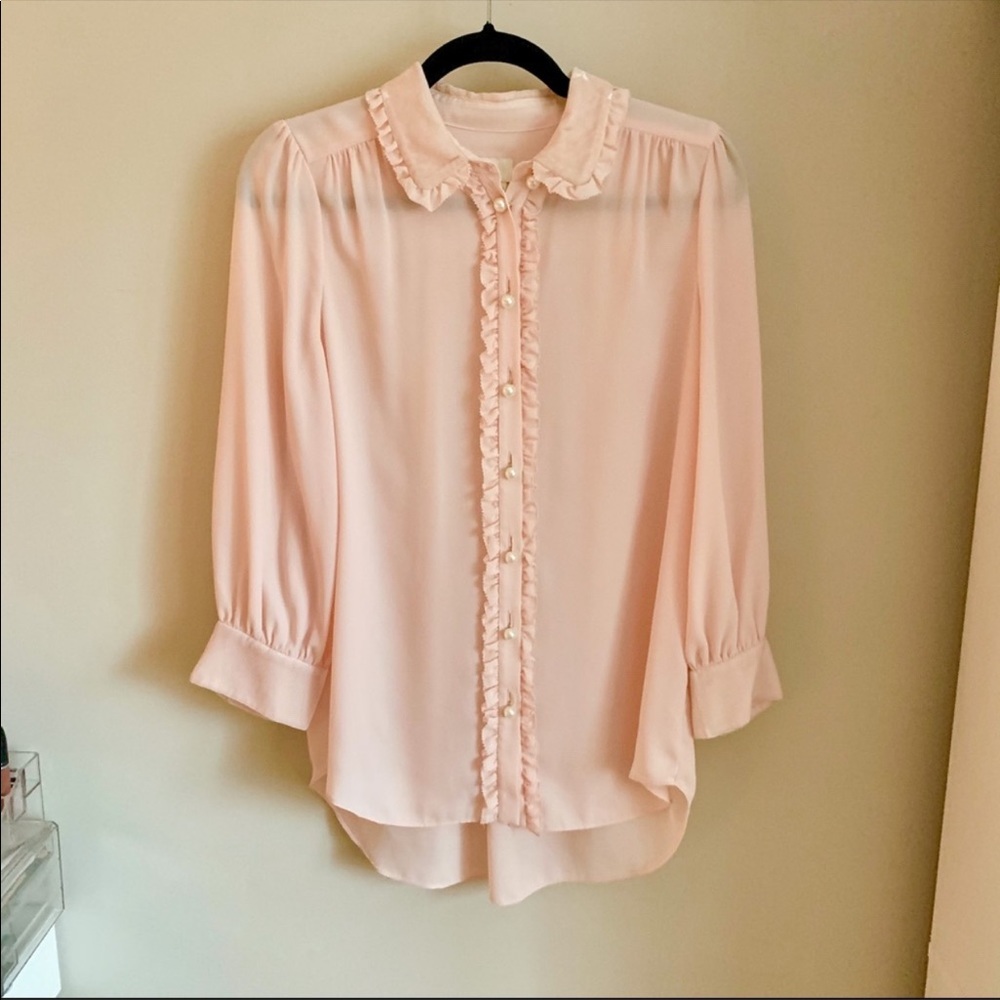 KATE SPADE Velvet Trim Pearl Button Blouse